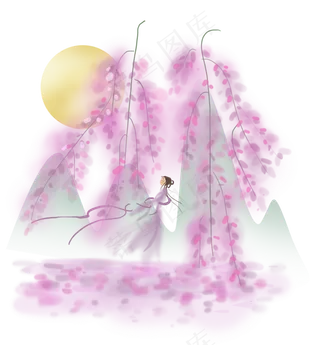 春天紫藤萝树下的古代少女