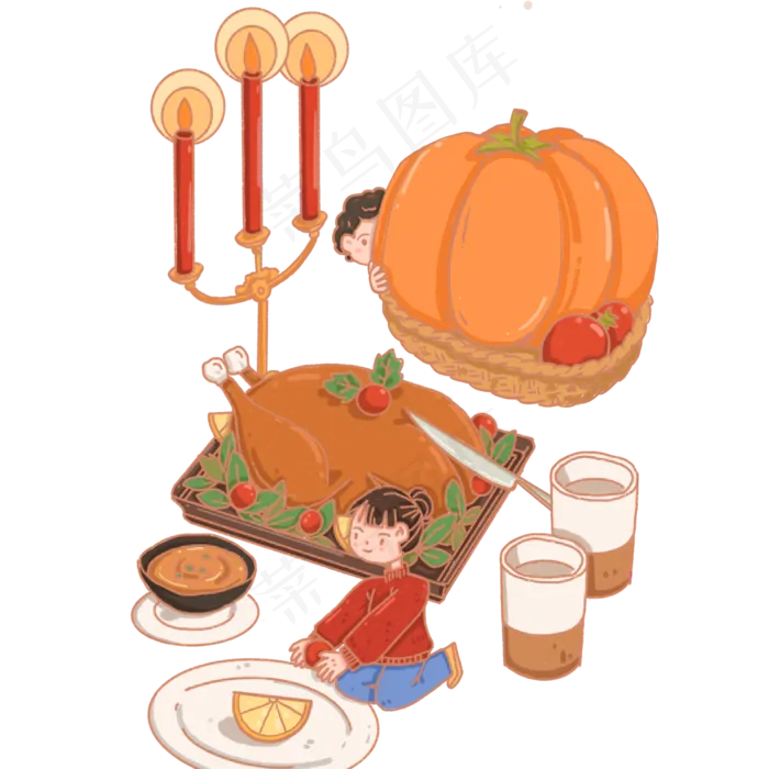 感恩节火鸡食物女孩,免抠元素(2000*2000px 300 dpi )psd模版下载