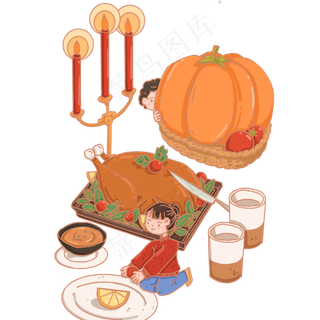 感恩节火鸡食物女孩,免抠元素