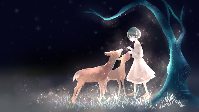 治愈系星空下的人与动物(2880X1620(DPI:96))psd模版下载