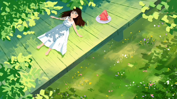 春天春日春困春乏绿色风景小清新少女插画
