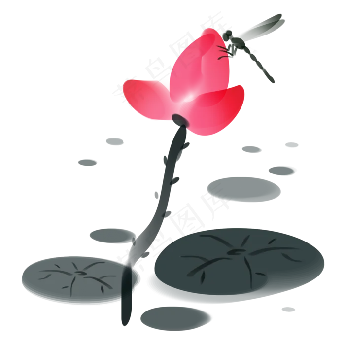 水墨画荷花蜻蜓点水(2000X2000(DPI:300))psd模版下载