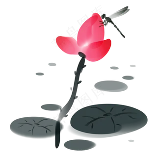 水墨画荷花蜻蜓点水