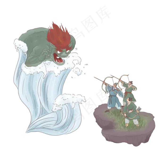 手绘中国古代神话传说钱王射潮,免抠元素
