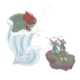 手绘中国古代神话传说钱王射潮,免抠元素