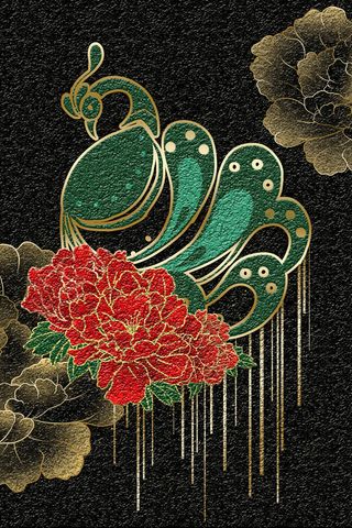 珐琅彩孔雀 牡丹黑色新中式装饰画