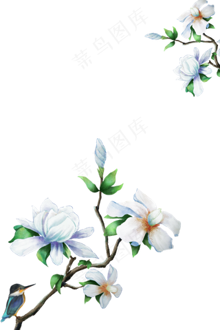 唯美栀子花国画花鸟边框,免抠元素