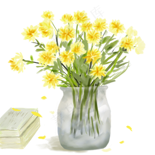 黄色小雏菊唯美手绘插花瓶花,免抠元素