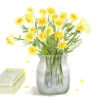 黄色小雏菊唯美手绘插花瓶花,免抠元素