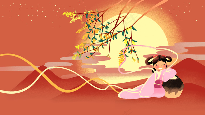 红色系卡通手绘风中秋配图(2880*1620px 300 dpi )psd模版下载