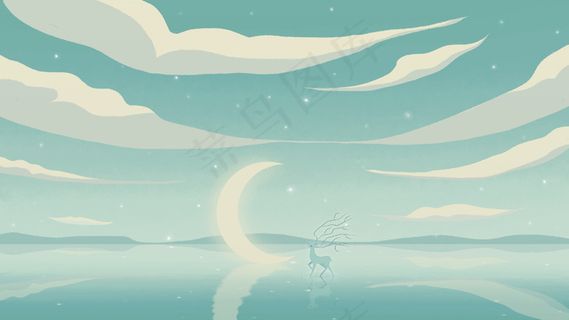 小清新治愈系海边月亮与鹿