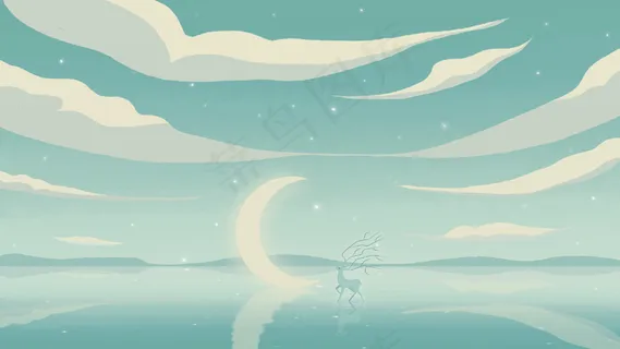 小清新治愈系海边月亮与鹿