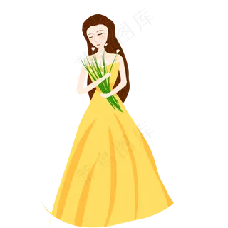 黄色长裙拿绿色花束的卡通长发女