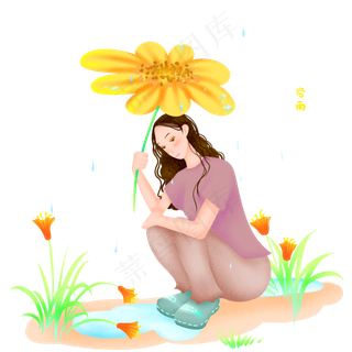 谷雨举着花朵避雨女孩