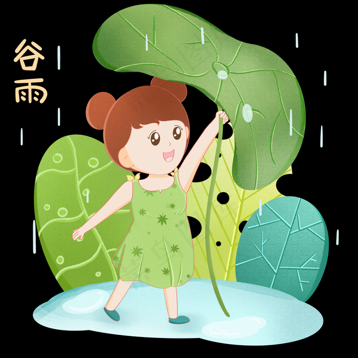 谷雨躲雨的小女孩(2000X2000(DPI:300))psd模版下载