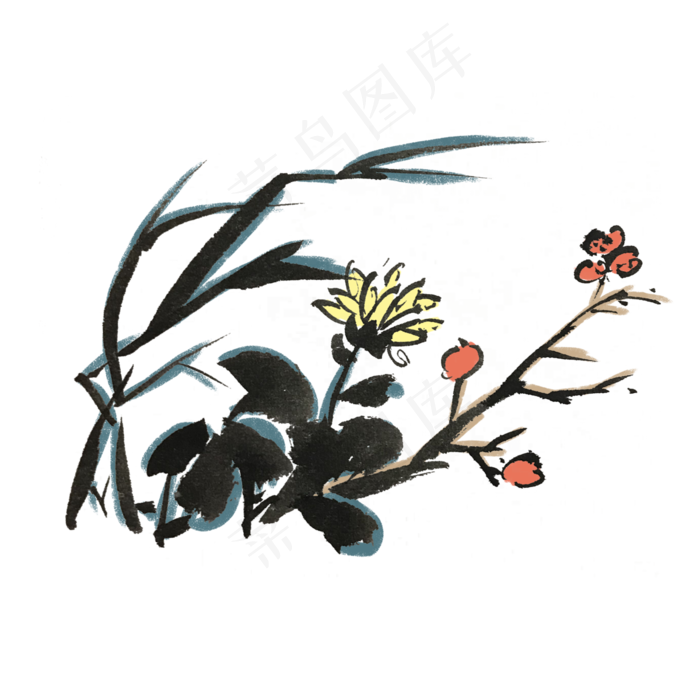 中国风水墨花草手绘插画,免抠元素
