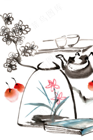 静物案头水墨画PNG免抠素材