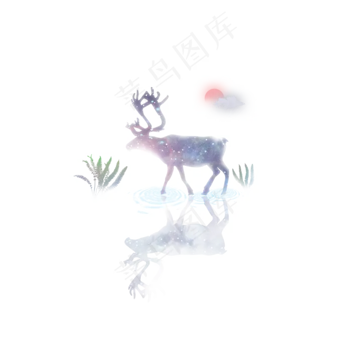 手绘梦幻唯美动物鹿倒影星空可商,免抠元素