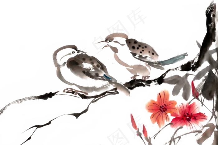 私语的鸟水墨画PNG免抠素材(7087*4724px 300 dpi )psd模版下载