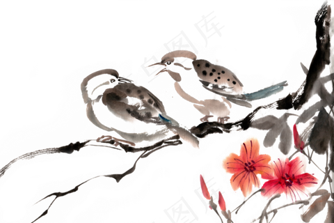私语的鸟水墨画PNG免抠素材
