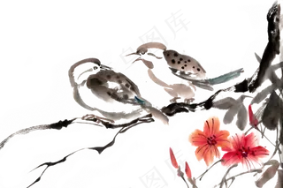 私语的鸟水墨画PNG免抠素材