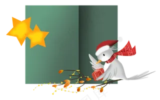 圣诞节圣诞帽小鸟绿色贺卡边框,免抠元素