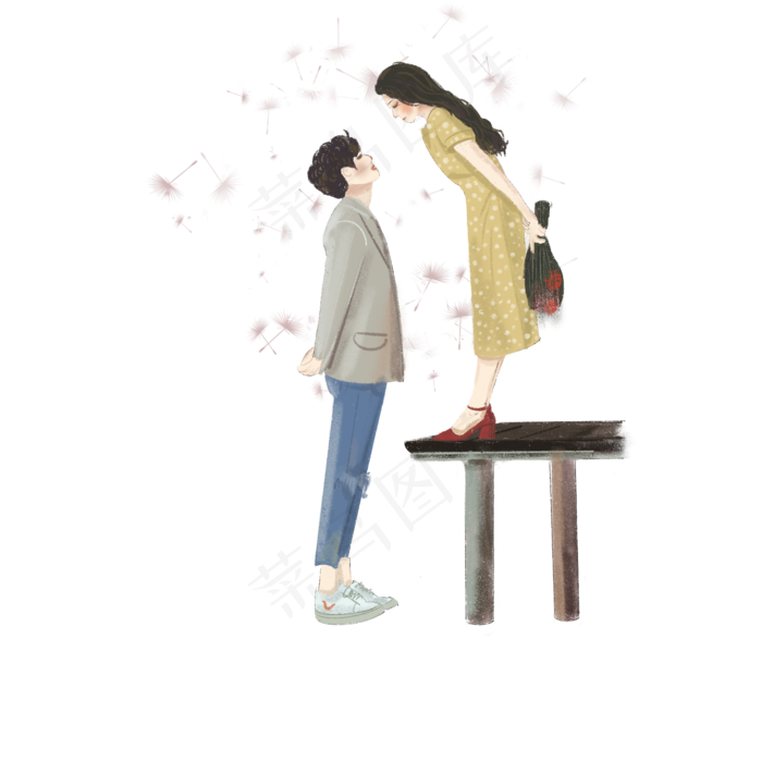 蒲公英飘飞下约会的小情侣