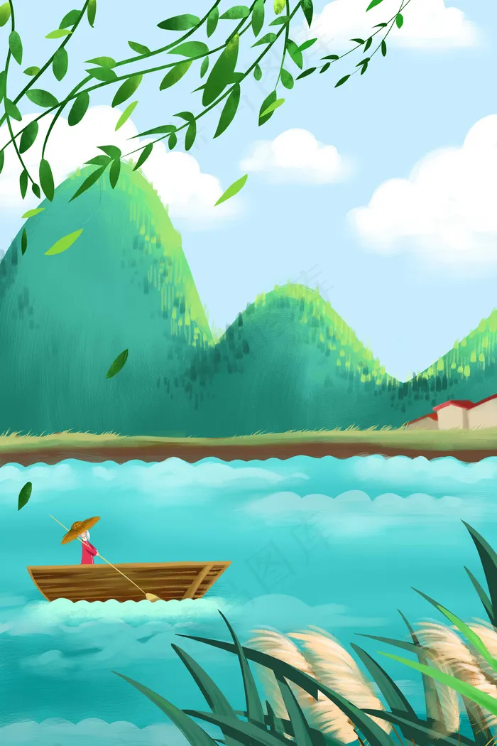 蓝色系水彩风清明节划船配图(3545X5315(DPI:300))psd模版下载
