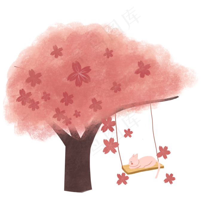 樱花粉色装饰秋千猫咪PNG树