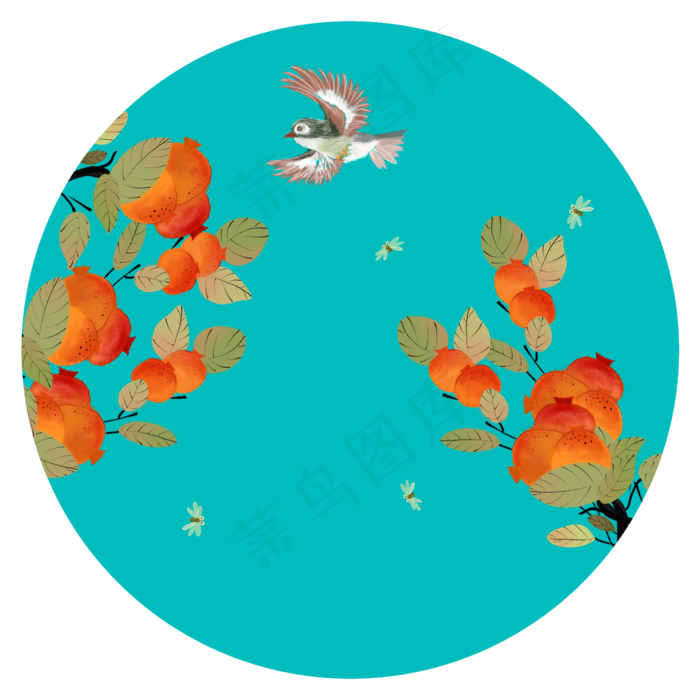 中国风石榴画装饰画花鸟壁纸插画,免抠元素