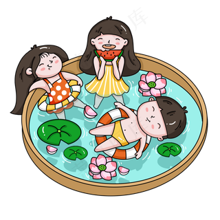 卡通夏天男女生游泳