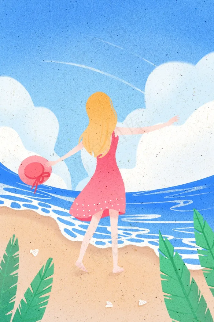 可爱女孩夏天在海边(3545X5315(DPI:300))psd模版下载