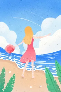 可爱女孩夏天在海边