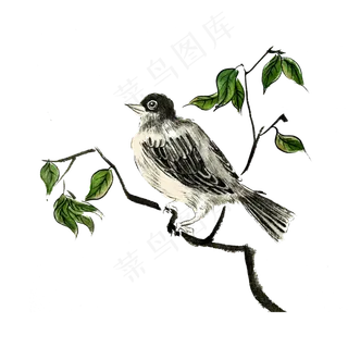 国画水墨花鸟工笔灰色雀鸟PNG,免抠元素