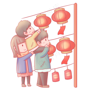 元宵节猜灯谜一家三口卡通手绘人,免抠元素