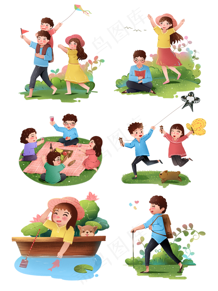 春天户外活动娱乐卡通人物,免抠元素