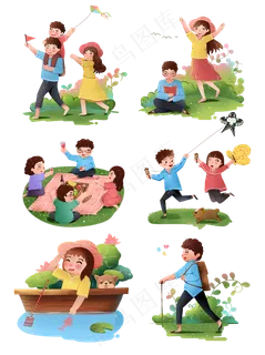 春天户外活动娱乐卡通人物,免抠元素