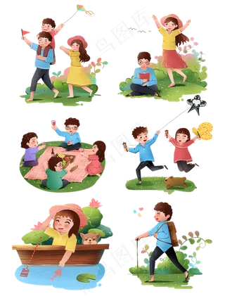 春天户外活动娱乐卡通人物,免抠元素