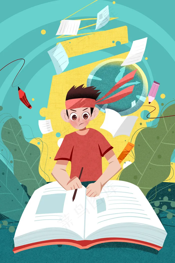 卡通手绘风高考男孩奋笔疾书配图(3545*5315px 300 dpi )psd模版下载