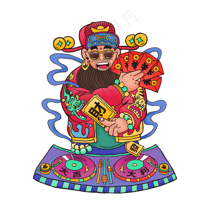 传统神仙财神春节潮牌打碟酷红包,免抠元素