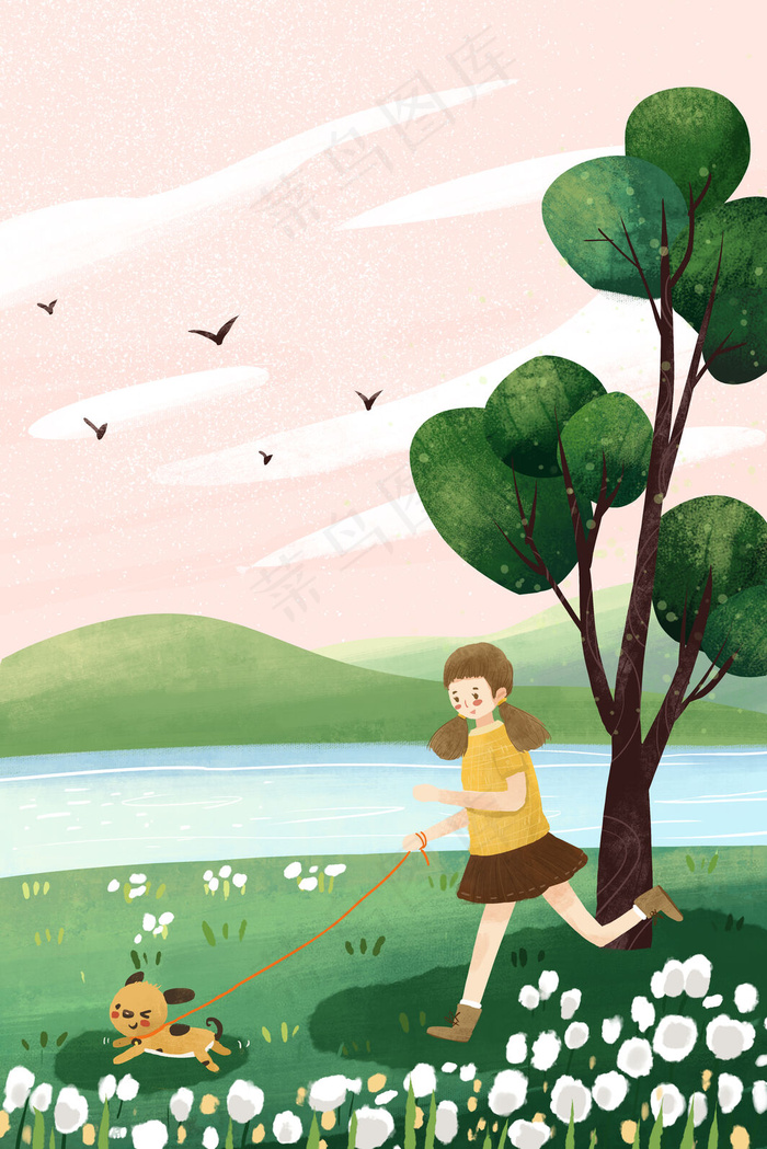 春季女孩带着狗狗踏青奔跑小清新