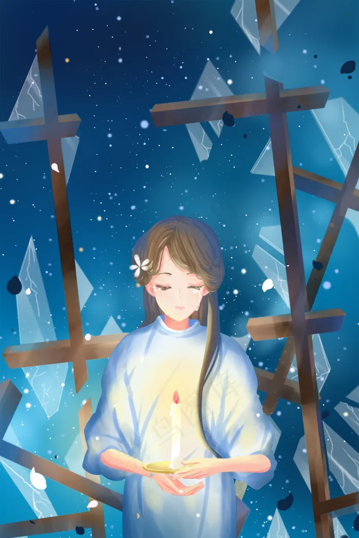 蓝色唯美卡通治愈小清新夜晚少女祈福配图