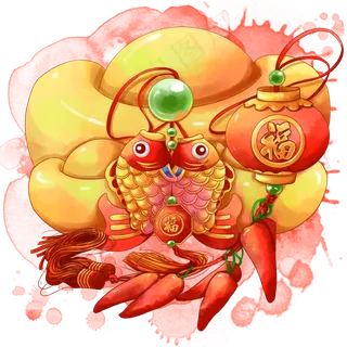 水彩春节年年有鱼挂件,免抠元素