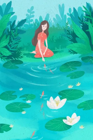 夏天女孩水池边喂鱼