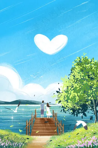 情侣海边欣赏海景小清新