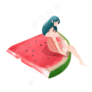 大暑女孩坐在清凉的西瓜上面PNG
