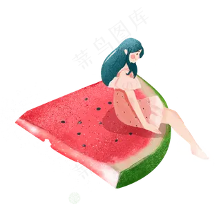大暑女孩坐在清凉的西瓜上面PNG