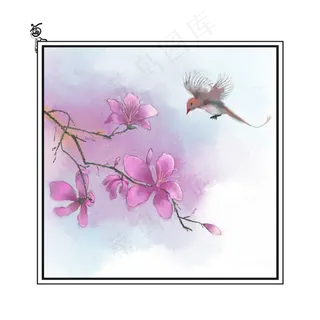 南方春季花卉紫荆花中国风花鸟边,免抠元素