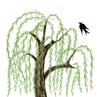 春燕在春风摇曳着的柳枝中飞舞,免抠元素