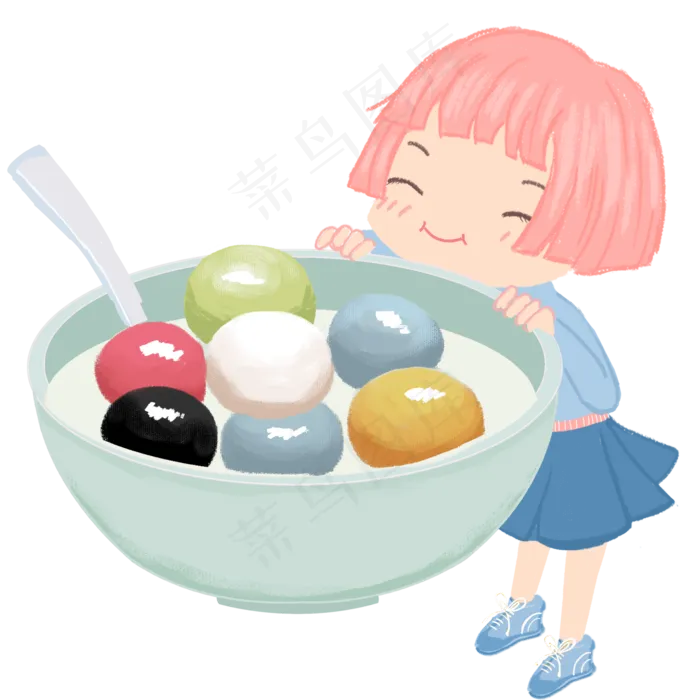 吃彩色汤圆的娃娃头小女孩,免抠元素(2000*2000px 300 dpi )psd模版下载
